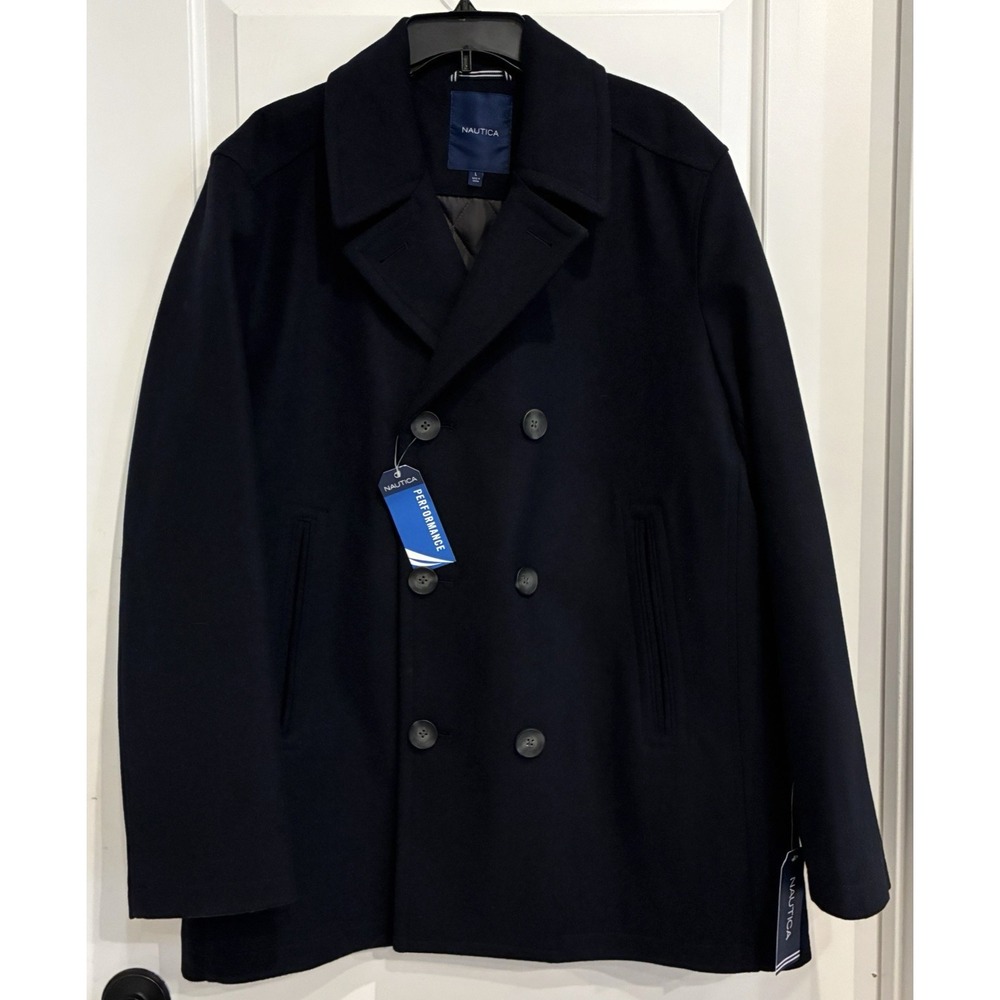 Nautica Performance Men's Wool Blend Peacoat Double-Breasted Coat Size L Navy
